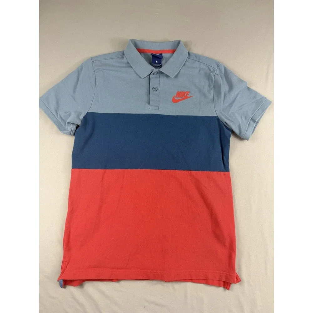 Nike ss polo, blue pink colorblock shirt, big kid's medium, cotton
